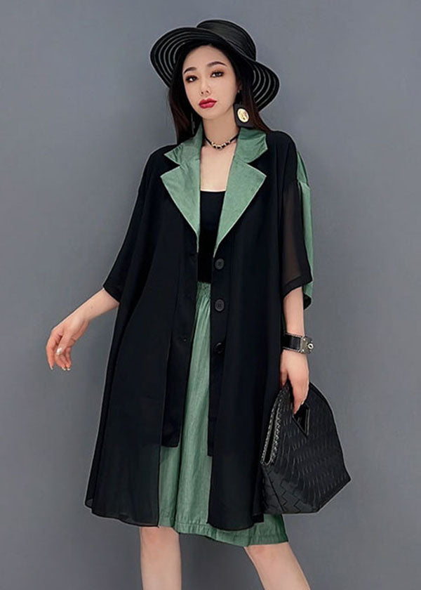 Black Blue Notched Collar Asymmetrical Patchwork Chiffon Two Pieces Set Summer