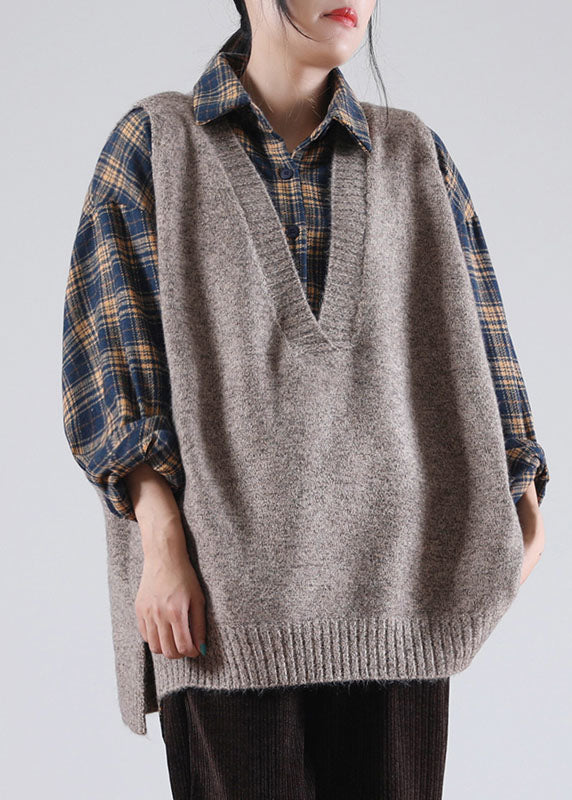 Khaki V Neck Side Open Sleeveless Knit Vest