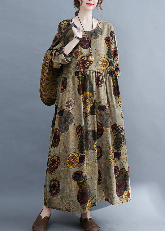 Chocolate O-neck Cinched Pockets Print Robe Dresses Long Sleeve