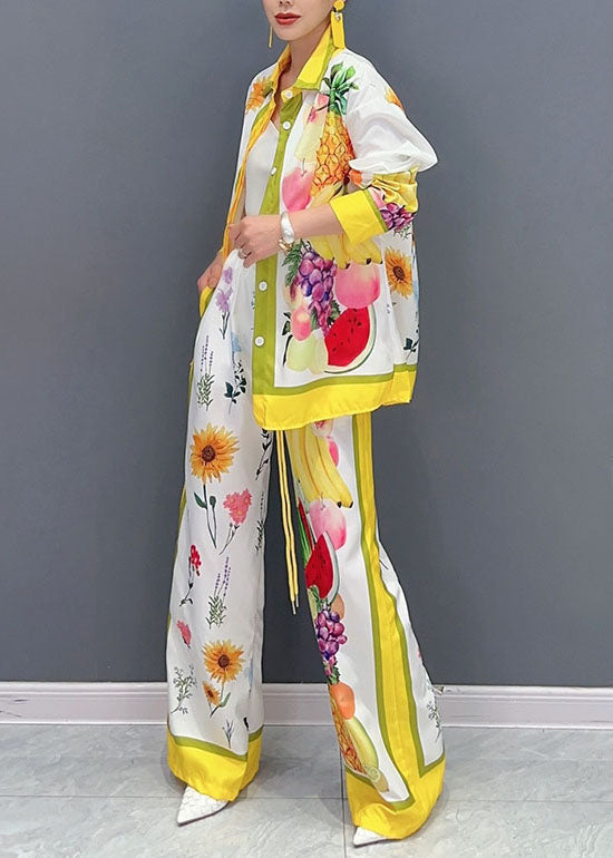 Yellow Fruit Print Button Shirts and Wide Leg Pants Two Piece Set Spring
