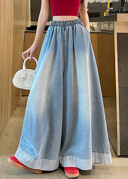 Loose Blue Pockets Elastic Waist Denim Wide Leg Pants Fall