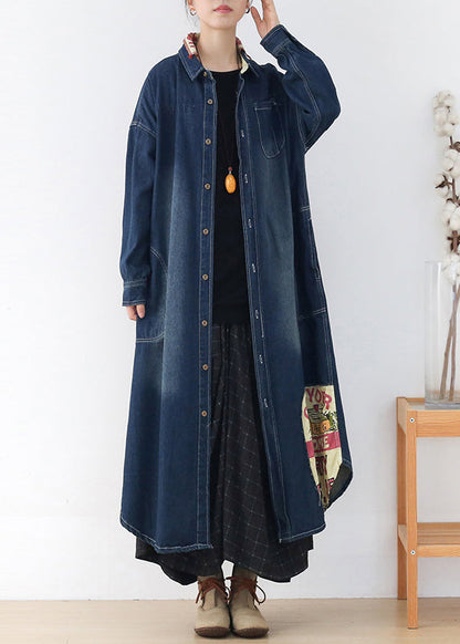 Blue Peter Pan Collar Patchwork Letter Print Button Pockets Cotton Denim Dresses Long Sleeve