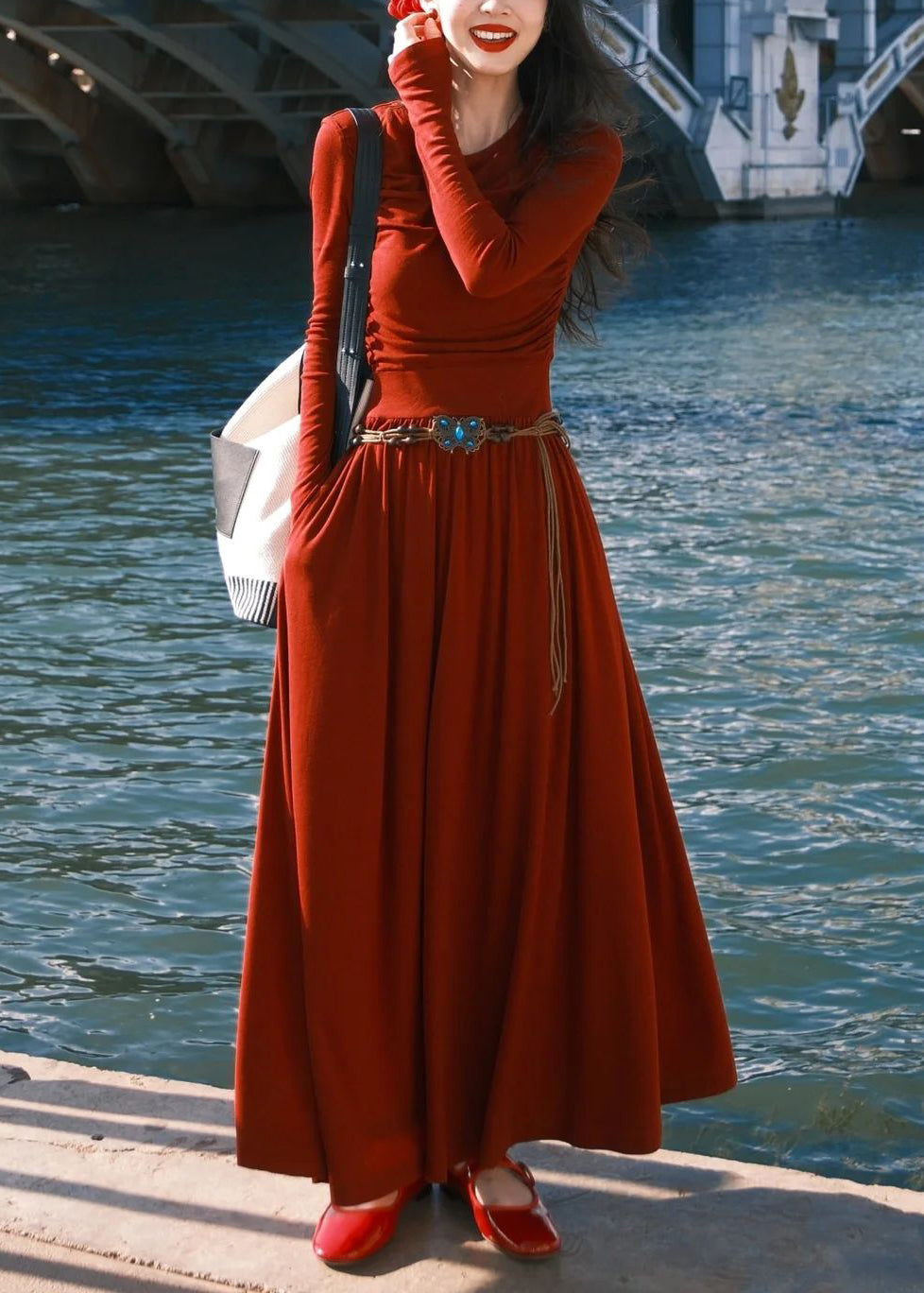 Red O-neck Pockets Cotton Long Dress Spring