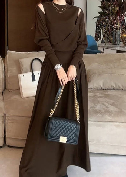 Stylish Brown Asymmetrical Cotton Knit Sweater and Maxi Skirts Two Pieces Set Winter