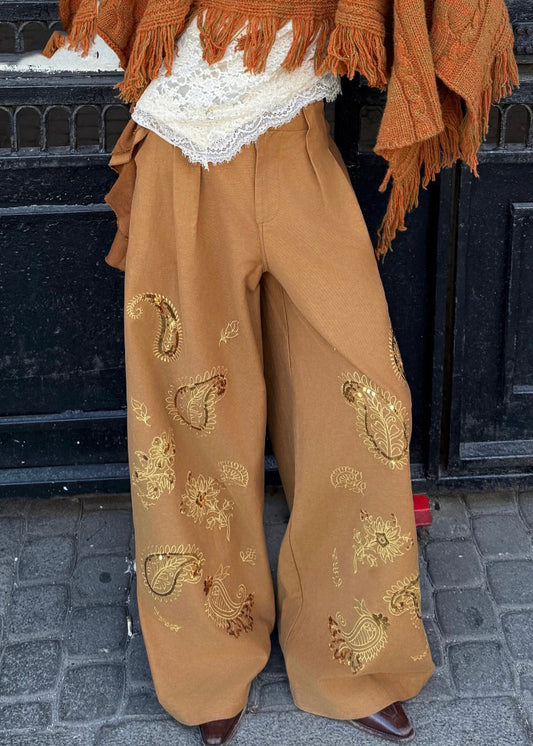 Brown Embroidered Asymmetrical Sequins Wide Leg Pants Fall