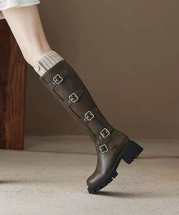 Khaki Boots Platform Faux Leather Splicing Belt Buckle
