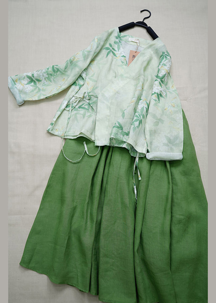 Green V Neck Print Lace Up Linen Two Pieces Set Summer