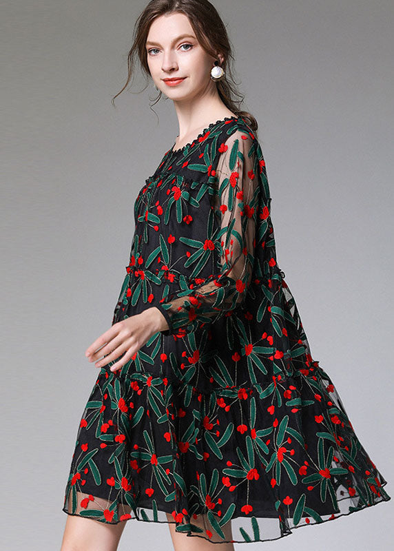 Black Embroideried Tulle Lace a Line Dress Long Sleeve
