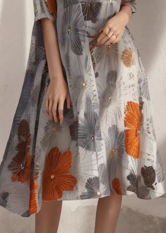 Handmade Grey Print Silk Maxi Dresses Short Sleeve
