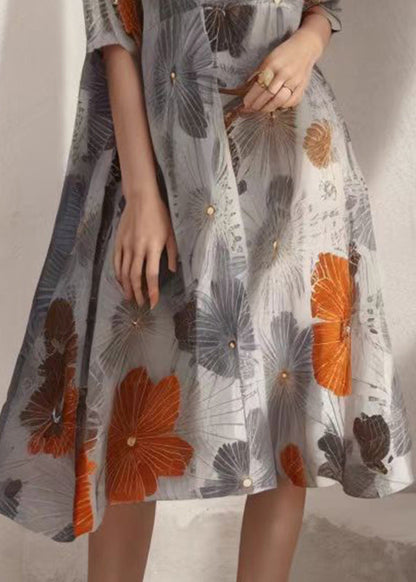 Handmade Grey Print Silk Maxi Dresses Short Sleeve