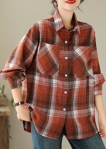 Orange Peter Pan Collar Pockets Plaid Cotton Coat Fall