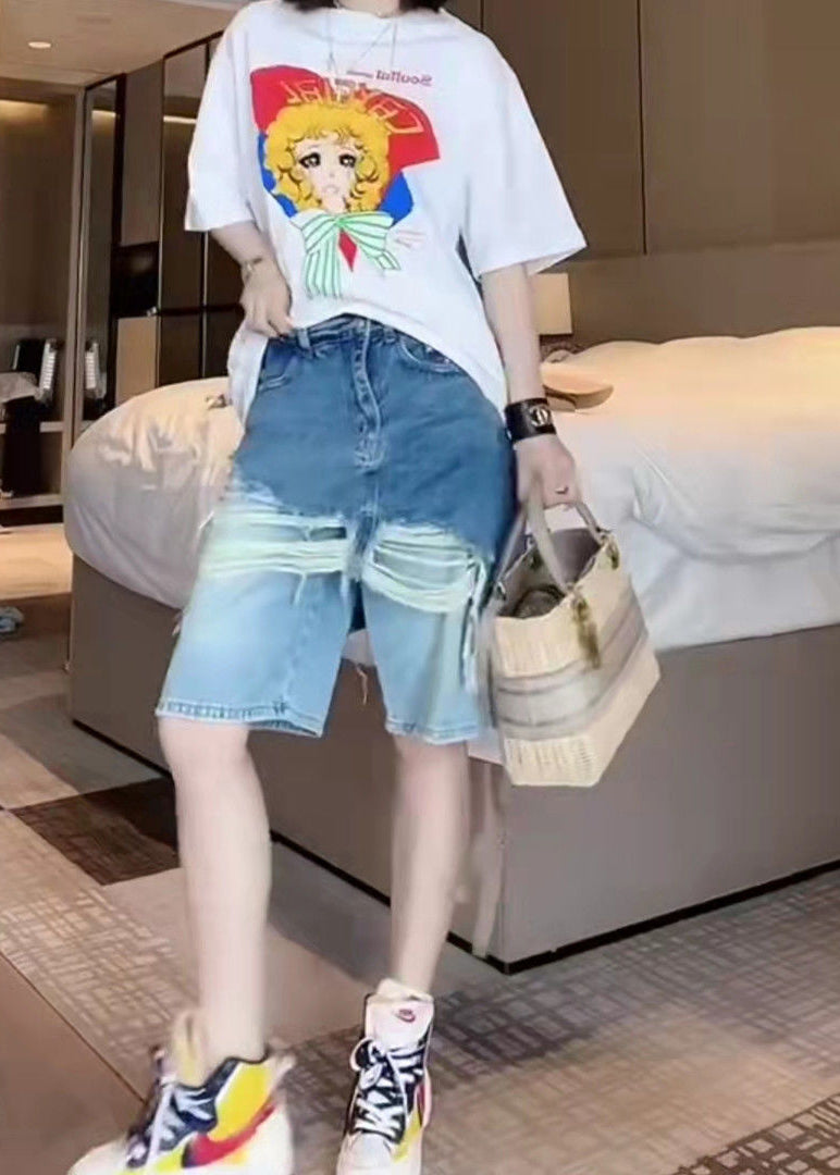 Blue Tasseled Patchwork False Two Pieces Denim Shorts Summer