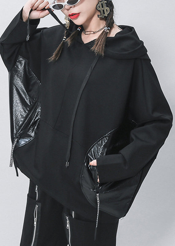 Black Pockets Patchwork Drawstring Pullover Batwing Sleeve