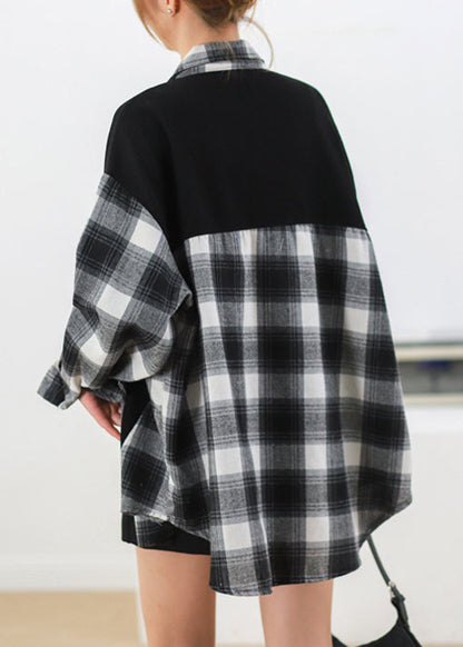 Black Plaid Button Patchwork Cotton Shirt Fall