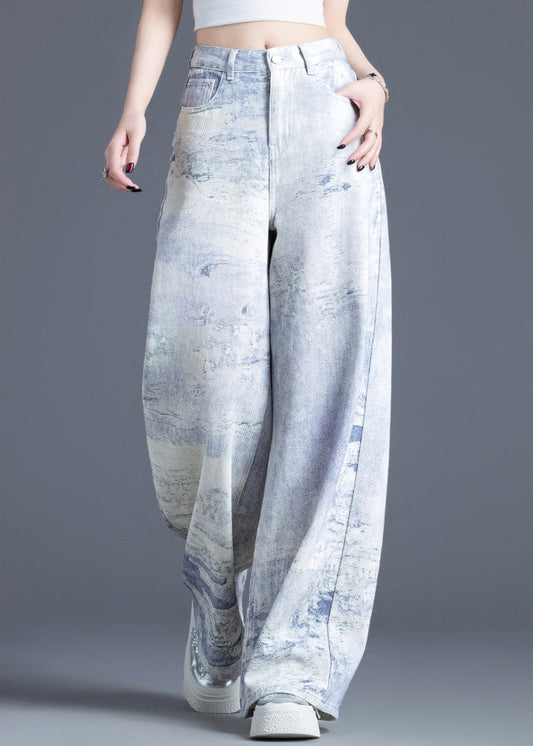 Blue Pockets Tie Dye High Waist Denim Pants Spring