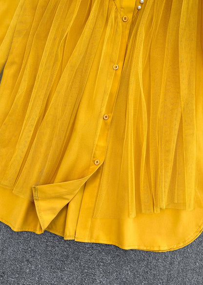 Yellow Peter Pan Collar Patchwork Button Tulle Shirts Long Sleeve