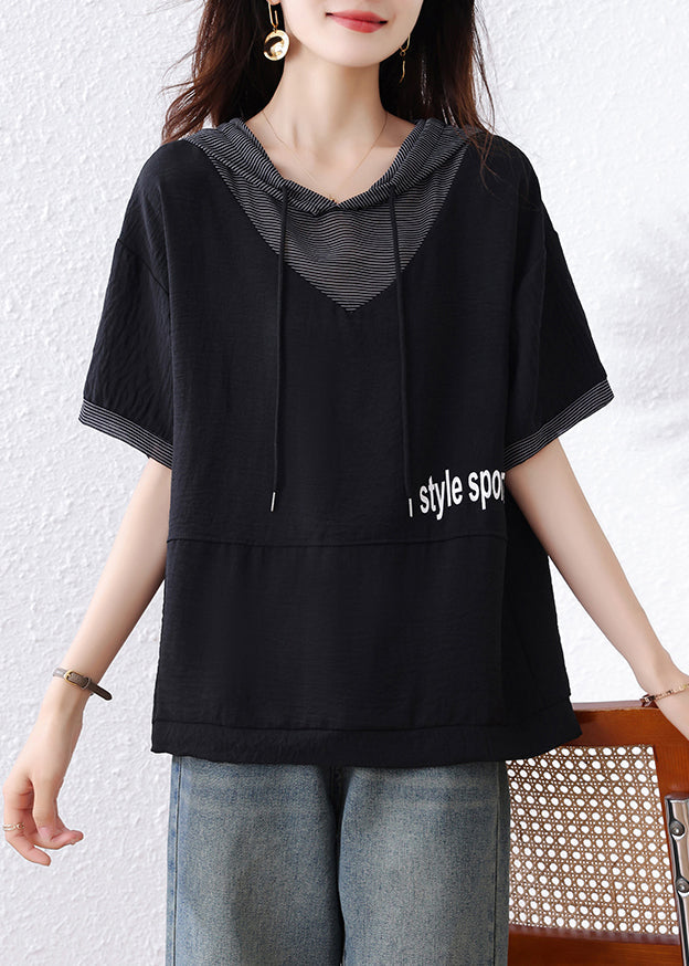 Black Hooded Patchwork Cotton Sweatshirt Summer
