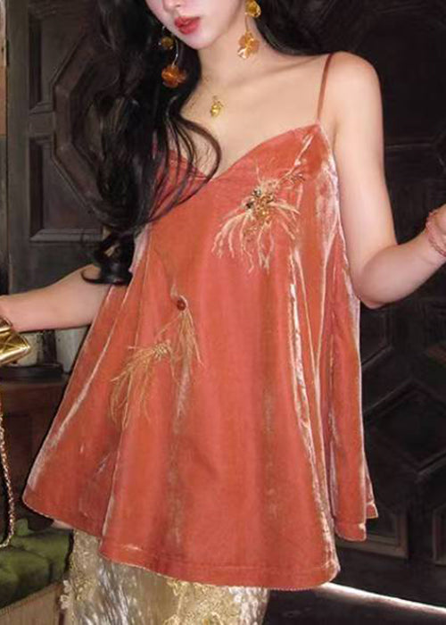 Orange V Neck Feather Nail Bead Silk Velour Spaghetti Strap Tank Sleeveless