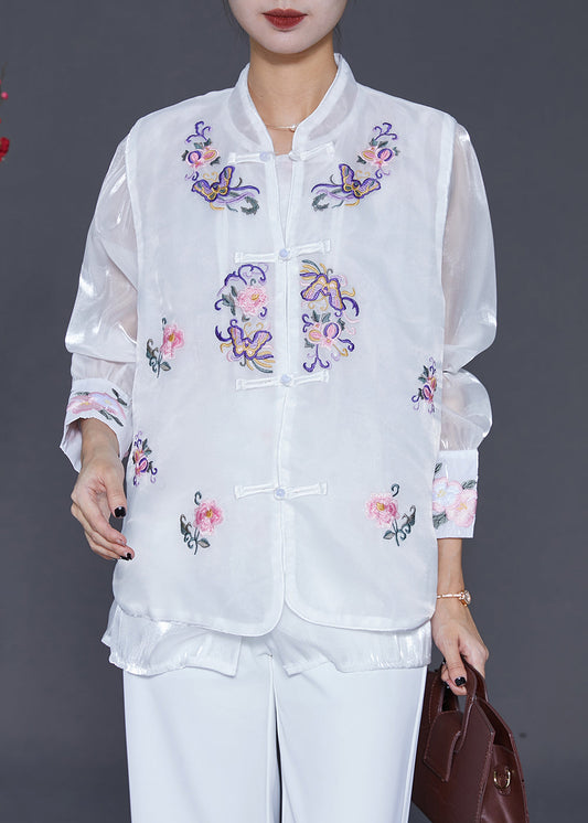 White Embroideried Chinese Button Silk Two Pieces Set Fall