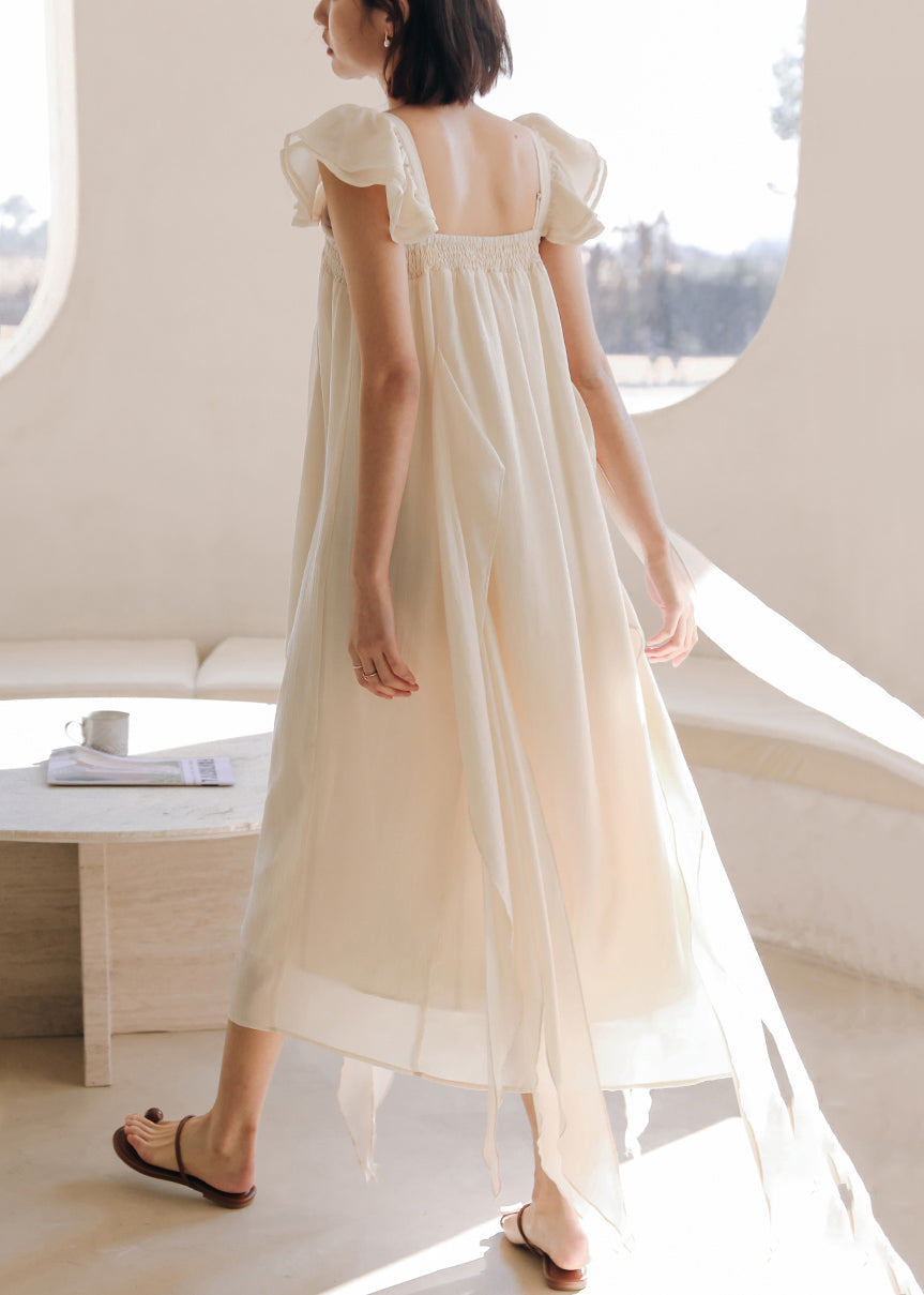 Apricot Square Collar Silk Dresses Summer