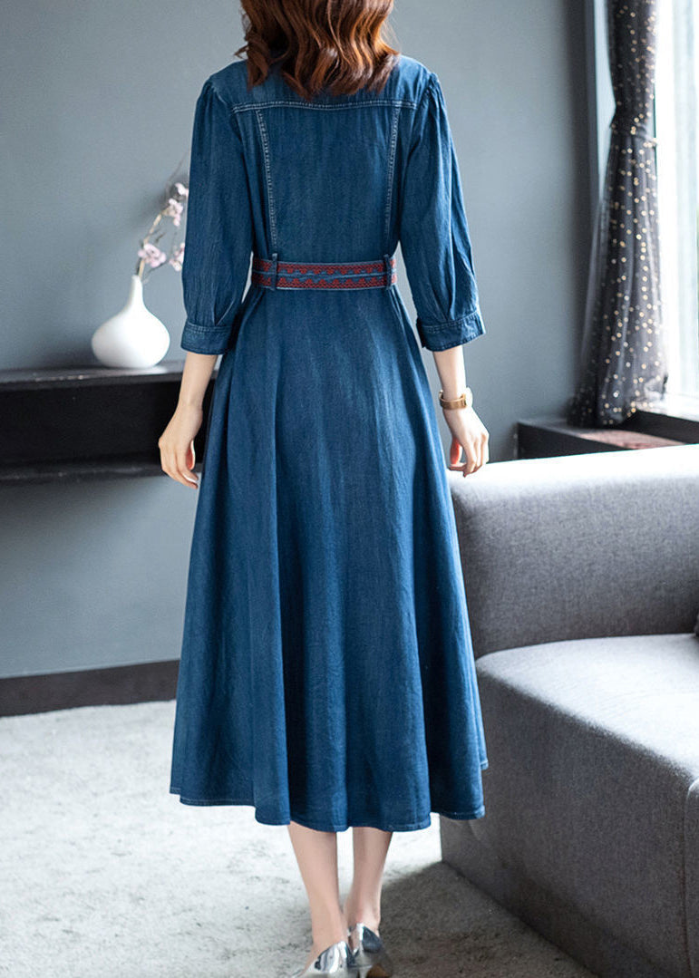 Blue Peter Pan Collar Button Sashes Embroideried Cotton Vacation Dresses Three Quarter Sleeve