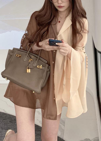 Coffee Button Thin Chiffon Shirt Long Sleeve
