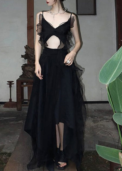 Diy Black V Neck Butterfly Tulle Vest and Maxi Skirts Two Pieces Set Summer