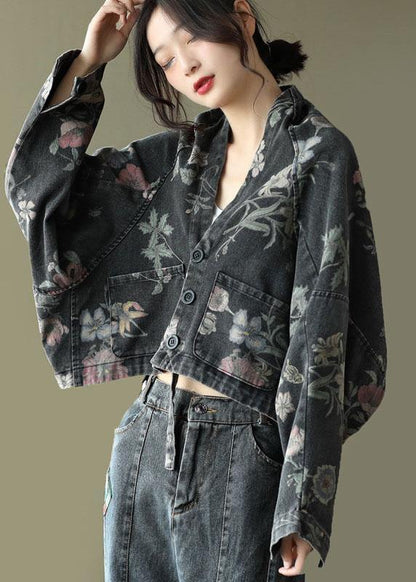 Black Print Batwing Sleeve Denim Tops