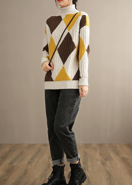 Oversized Beige Yellow Plaid Knitted Clothes High Neck Knitwear