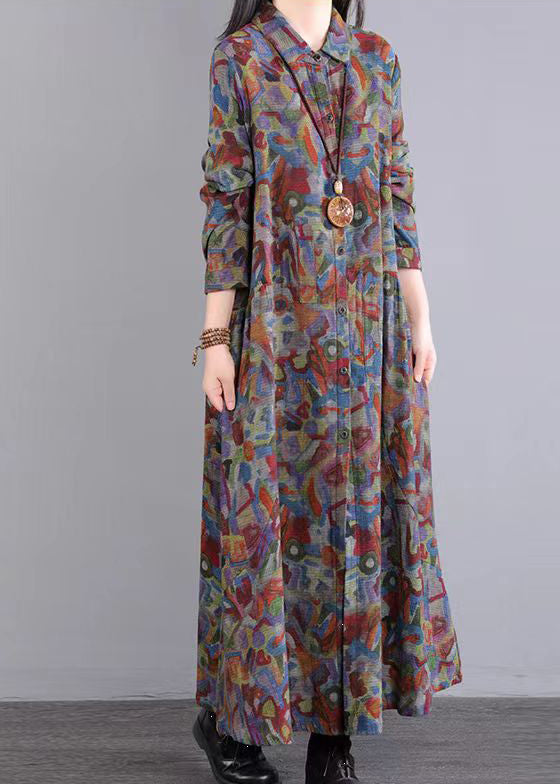 Red Print Peter Pan Collar Pockets Patchwork Cotton Dresses Fall