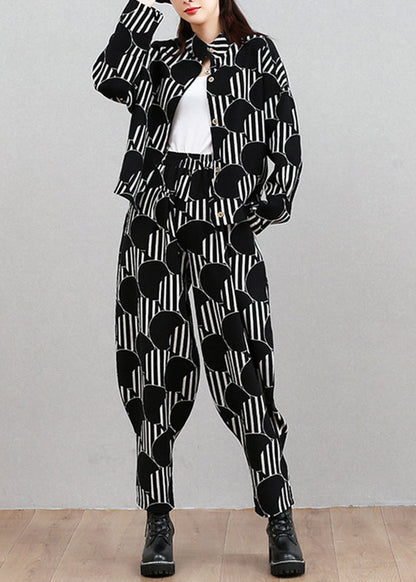 Modern Black Dot Print Top and Beam Pants Two Pieces Set Long Sleeve