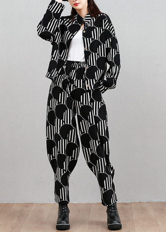 Modern Black Dot Print Top and Beam Pants Two Pieces Set Long Sleeve