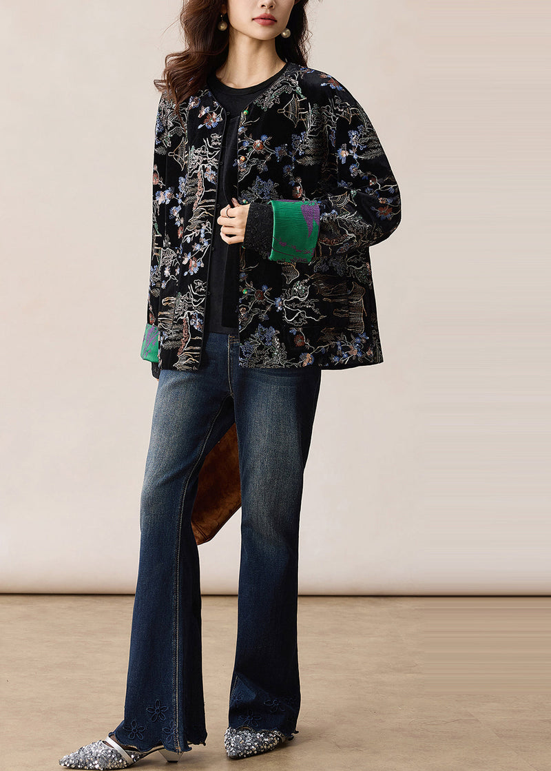 Black Embroidered Sequins Silk Velvet Coats Winter