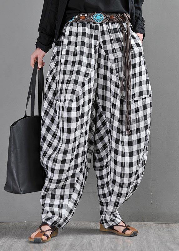 Black White Plaid Cotton Linen Harem Pants Summer