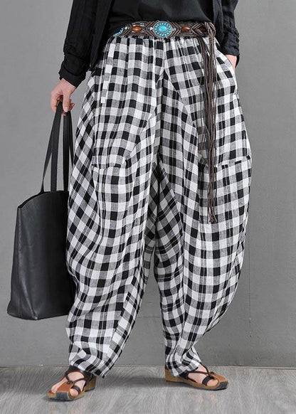 Black White Plaid Cotton Linen Harem Pants Summer
