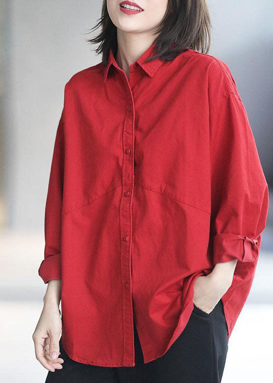 Red Peter Pan Collar Patchwork Cotton Shirts Fall