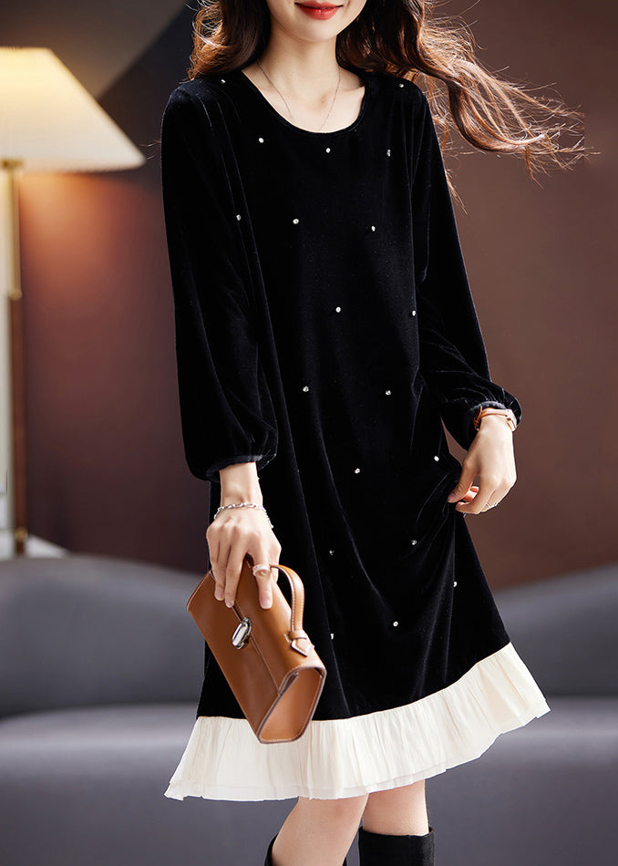 French Black O Neck Zircon Patchwork Velour Dresses Long Sleeve