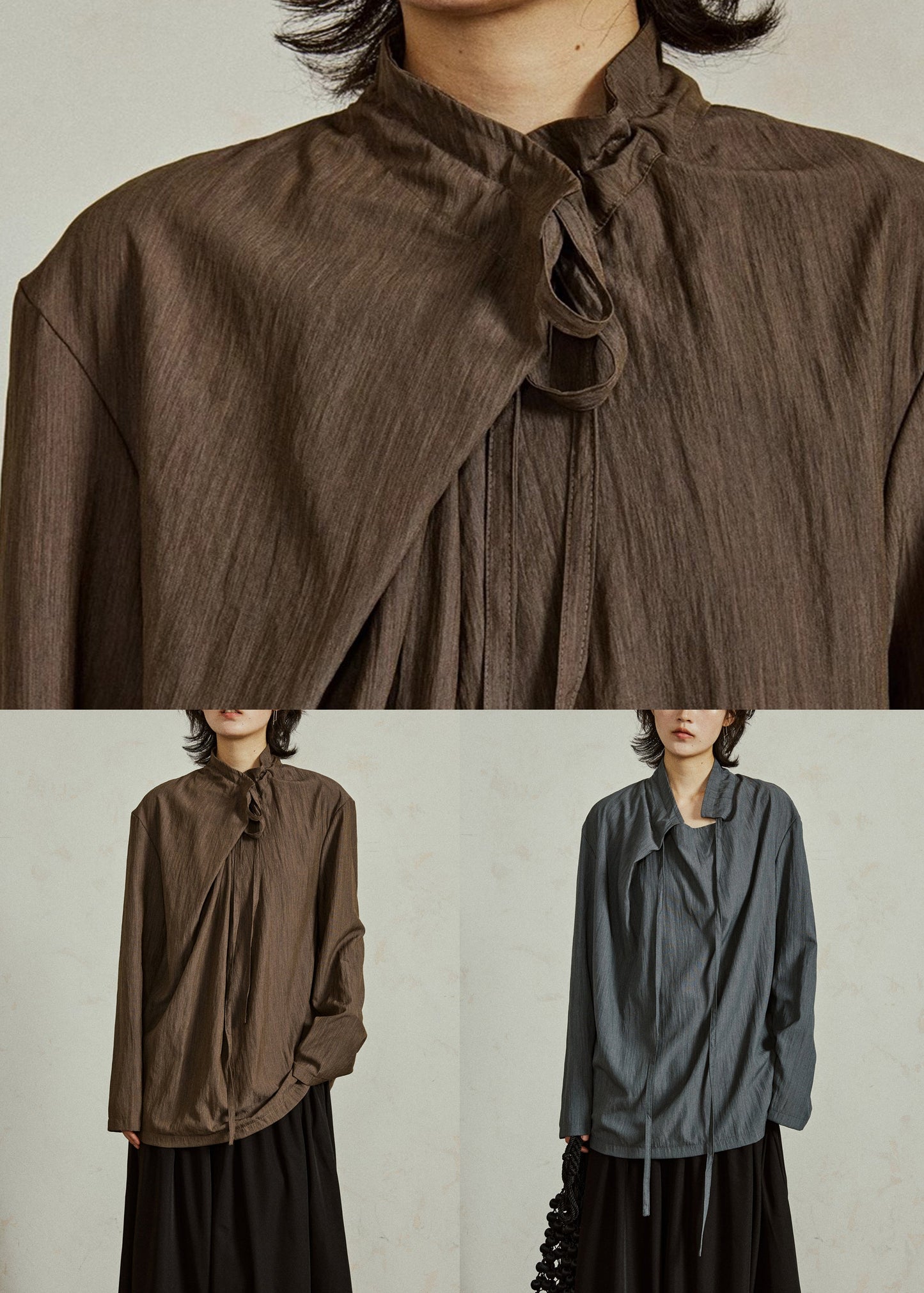 Coffee Stand Collar Lace Up Cotton Blouse Fall