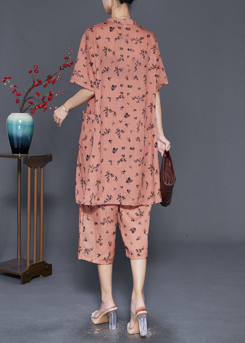 Orange Oversized Print Pockets Cotton Two Pieces Set Summer