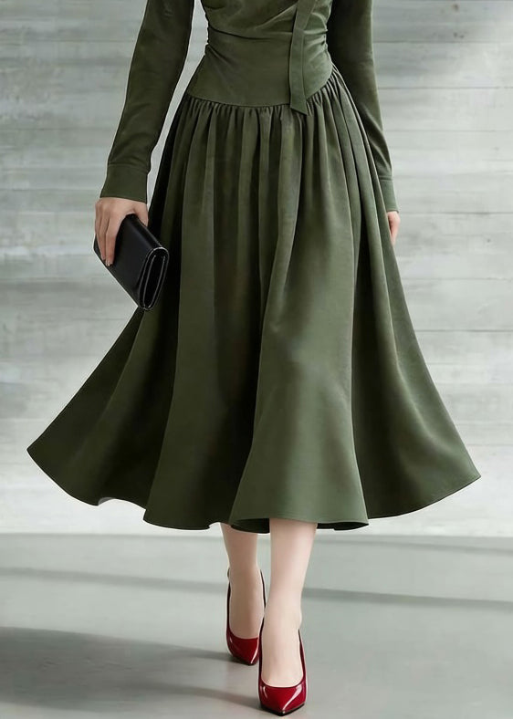 New Green Bow Wrinkled Cotton Long Dresses Spring