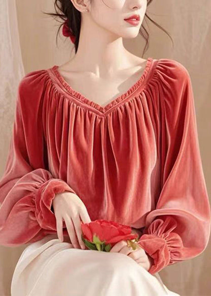 Stylish Grey V Neck Wrinkled Velour Shirt Top Fall