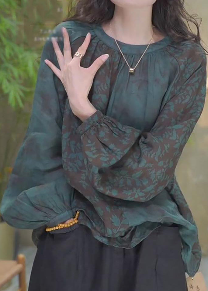 Blackish Green O Neck Print Cotton Top Lantern Sleeve
