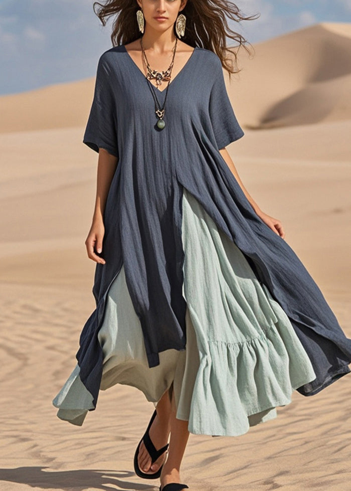 Navy Asymmetrical Patchwork Cotton Vacation Dresses Summer