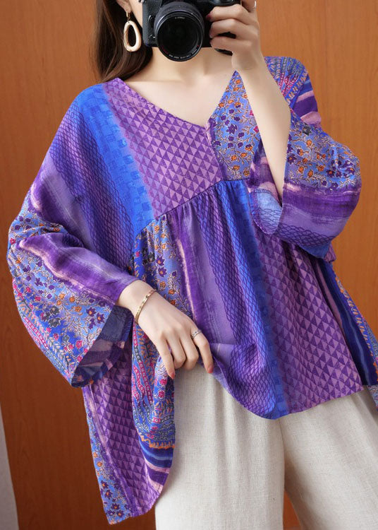 Organic Purple Flare Sleeve V Neck Patchwork Print Fall Top