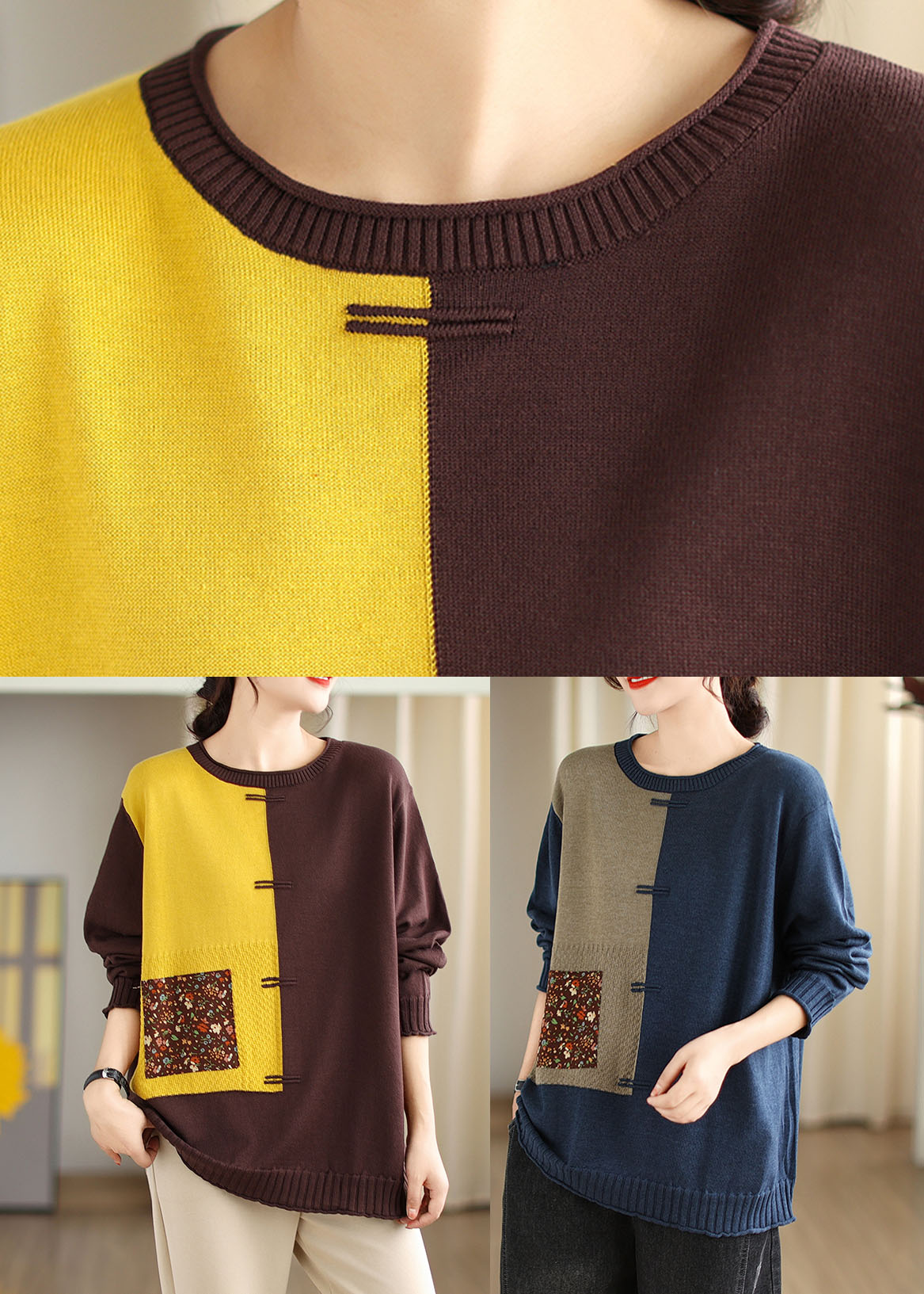 Blue O-neck Button Cozy Cotton Knit Sweater Long Sleeve