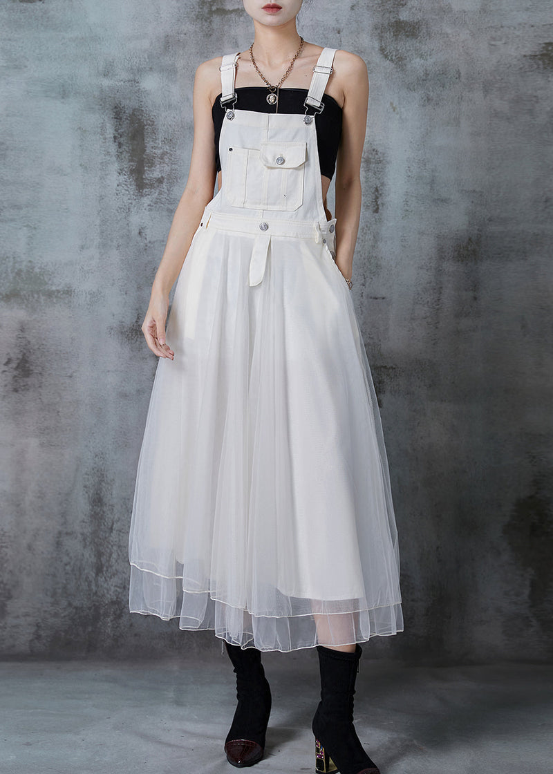 Fitted White Silm Fit Patchwork Organza Long Dress Spring