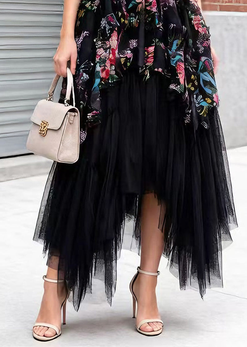 Stylish Black Asymmetrical Patchwork Tulle Skirt Spring