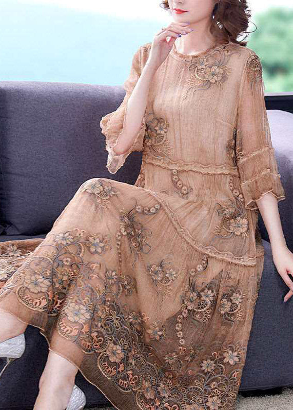 Embroidered Ruffled Patchwork Silk Long Dress Half Sleeve