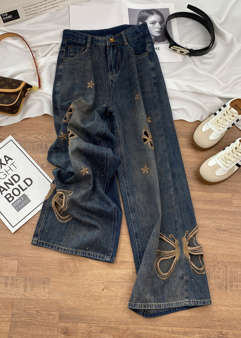 Unique Blue Pockets Hollow Out Butterfly Zircon Denim Pants Fall