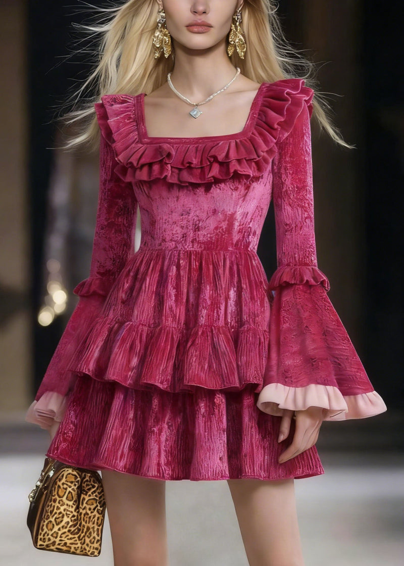 Rose Square Collar Ruffled Patchwork Mini Dresses Flare Sleeve